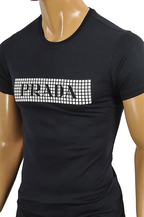 Mens Designer Clothes Prada Mens Cotton T Shirt With Print In Navy