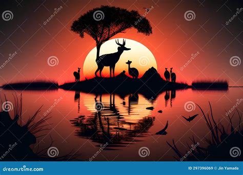 African Landscape with Animals Silhouettes on a Sunset Background ...