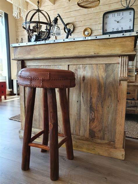 Tabouret De Bar Rond En Cuir Et Bois Vintage