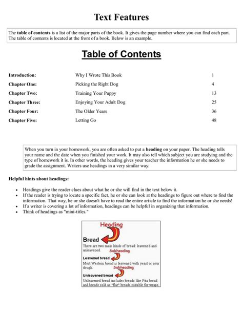 Text Features Table Of Contents