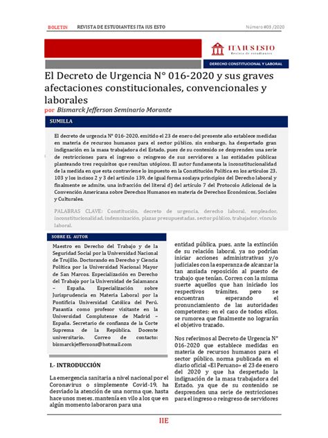 Boletín 032020el Decreto De Urgencia N° 016 2020 Y Sus Graves