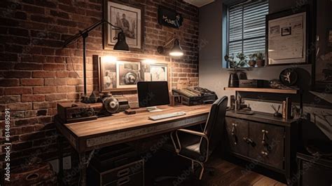 Interior Design Of Home Office In Industrial Style With Desk Decorated