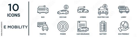 mobility outline icon set   thin  bus hybrid lorry power