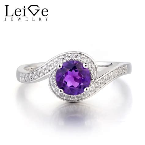 Leige Jewelry Wedding Ring Natural Amethyst Ring February Birthstone