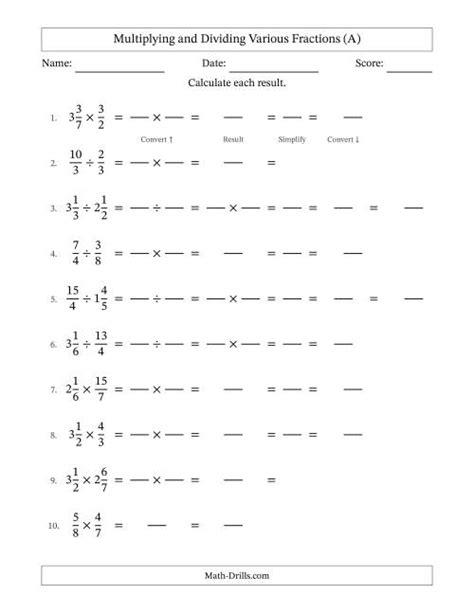 Multiplying And Dividing Proper Improper And Mixed Fractions With All Simplifying Fillable A