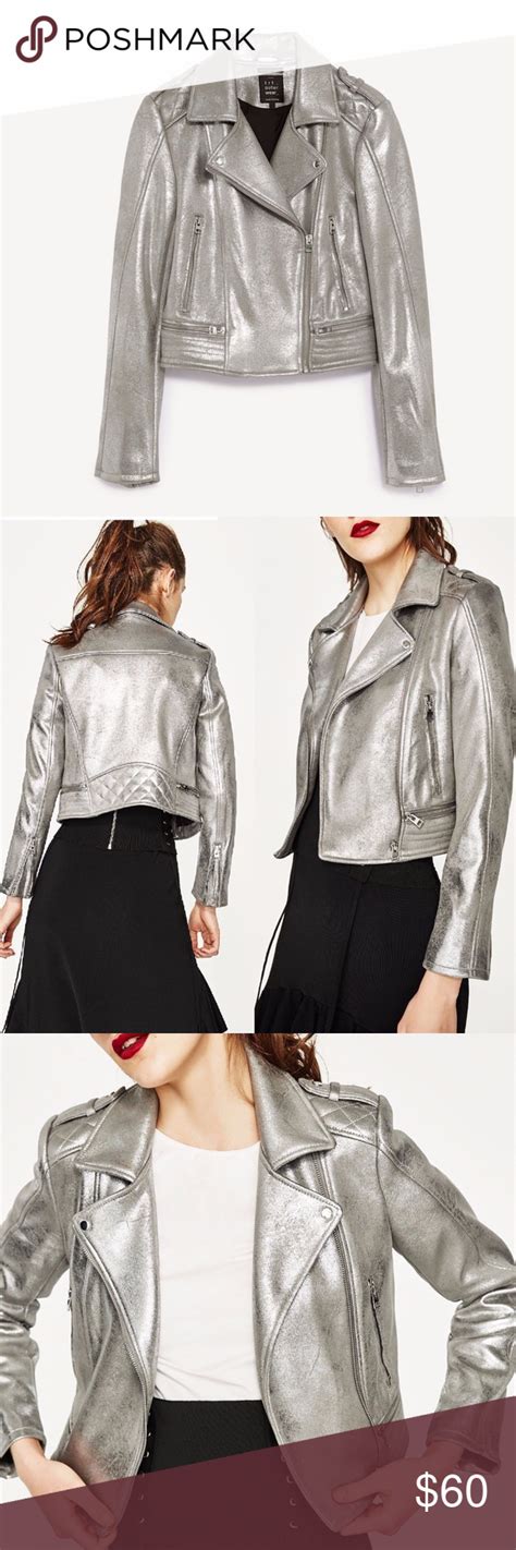 Nwt Zara Silver Metallic Faux Leather Biker Jacket Faux Leather Biker Jacket Beautiful Jacket