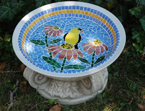 Bird Bath Stained Glass Mosaic Goldfinch And Coneflowers