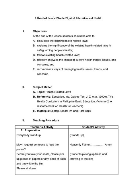 UNIT 2 LP MAPEH Lesson Plan Example Format A Detailed Lesson Plan