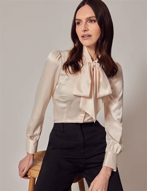 Womens Cream Fitted Satin Blouse Pussy Bow Hawes And Curtis