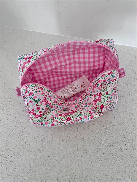 Handmade Quilted Makeup Bag Pink Floral Gingham Cosmetic Bag Toiletry