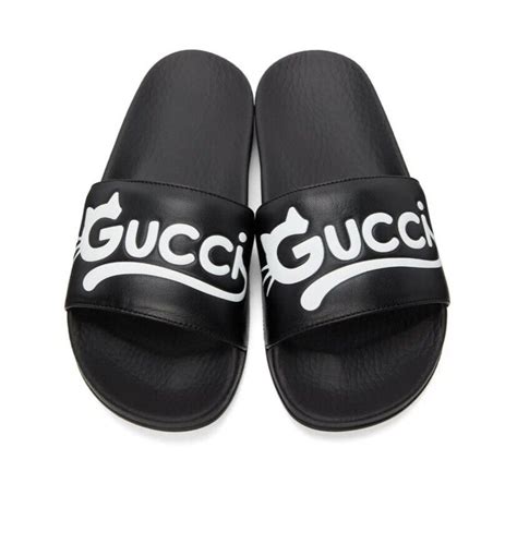 Gucci Pursuit Black Cat Leather Pool Slide Sandals 7 Gem