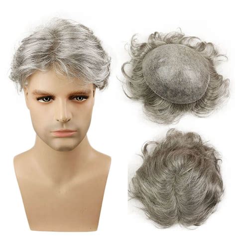 Eseewigs Offer The Grey Men`s Toupee Hairpiece Whole Pu Base Brazilian Remy Human Hair 1b Mix