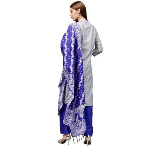 Jaipur Kurti Women Grey And Royal Blue Solid Straight Chanderi Kurta