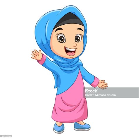 Selamat Gadis Muslim Kartun Melambaikan Tangan Ilustrasi Stok Unduh