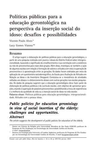 Pol Ticas P Blicas Para A Educa O Gerontol Gica No Df Pdf