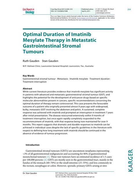 Pdf Optimal Duration Of Imatinib Mesylate Therapy In Metastatic Gastrointestinal Stromal Tumours