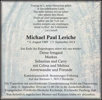 Traueranzeigen Von Michael Paul Leriche Trauer In NRW De