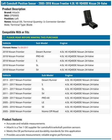 2005 2018 Nissan Frontier Camshaft Position Sensor Hitachi Cps0005 Left