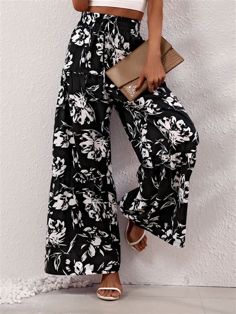 Shein Frenchy Pantalones De Pierna Ancha Con Estampado Floral Con Nudo