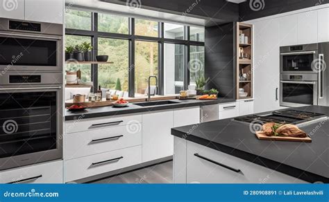 Beautiful Contemporary Kitchen With White Cabinetry And Stainless Steel Appliances Generative