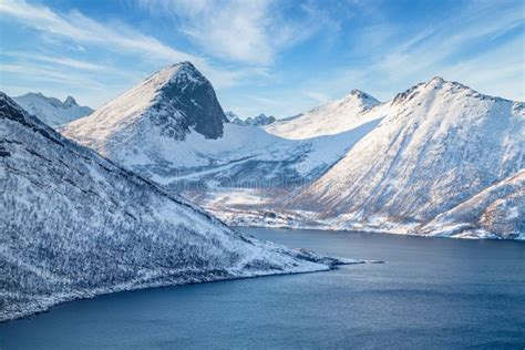 Lofoten Islands Norway Rocky Coast Of Fjord In Winter With Snow And