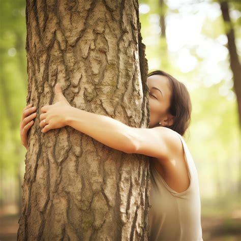 Premium Photo A Woman Hugging A Tree With Her Eyes Closed And The