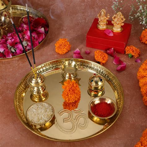 GHAR SAAZ Brass Pooja Thali Set 10 Inches Puja Thali With Golden