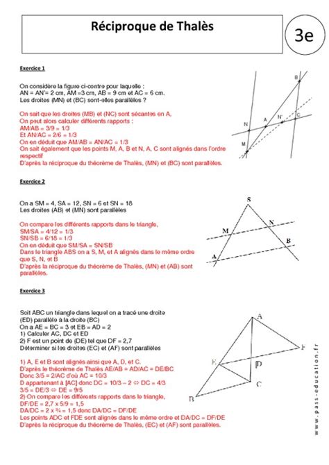 Réciproque théorème de Thalès 3ème Exercices corrigés Géométrie