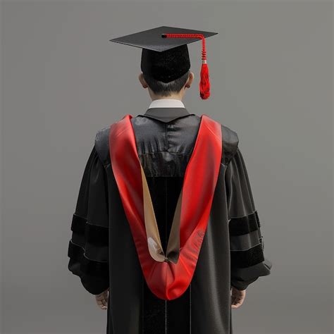 A Man Wearing A Graduation Cap And Gown With A Red Tassel On The Back