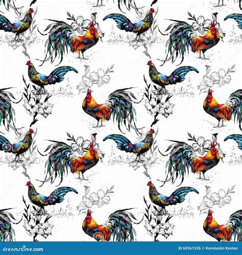 Seamless Watercolor Pattern With Farm Roosters Silhouettes And Flowers