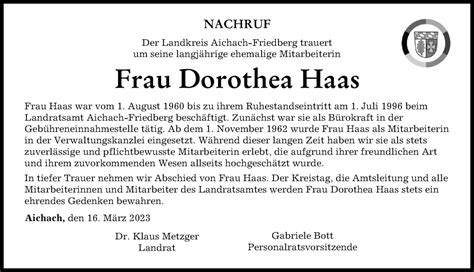 Traueranzeigen Von Dorothea Haas Augsburger Allgemeine Zeitung