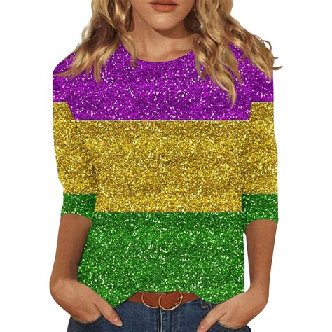 TQWQT Womens Mardi Gras Tops 3 4 Sleeve Crewneck Cute Shirts Casual