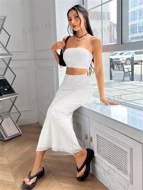 Shein Ezwear Summer Setssolid Tube Top Mermaid Hem Skirt Shein Usa