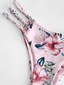 ZAFUL Braided Pleated Plant Print Bikini Swimsuit In SAKURA PINK