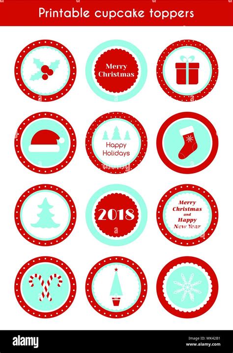 Christmas Printable Vector Stickers Circle Cupcake Toppers Labels For