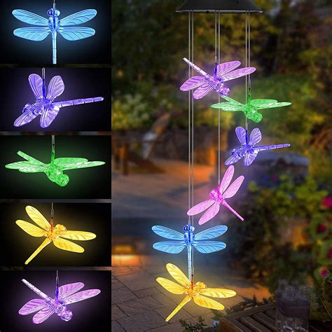 Reactionnx Solar Dragonfly Wind Chimes Color Changing Led Mobile Hanging Waterproof Dragonfly ...