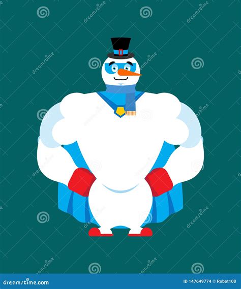 Snowman Superhero Super Snow Man In Mask And Raincoat Stock Vector