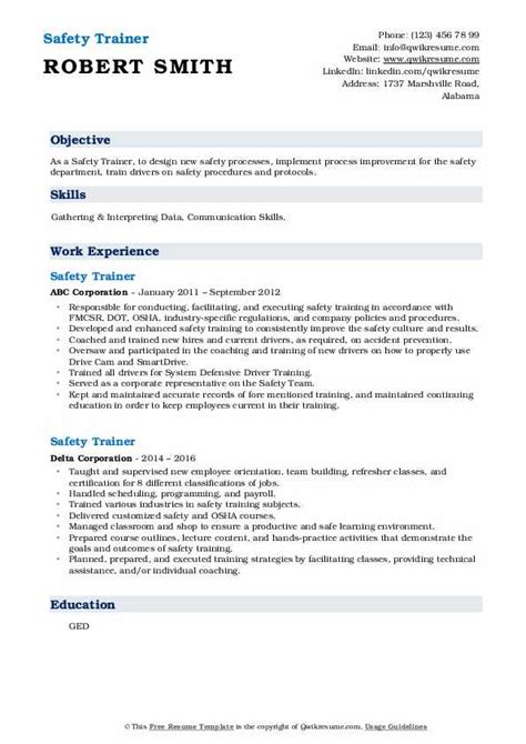 10 Safety Trainer Resume Samples And Templates For 2025