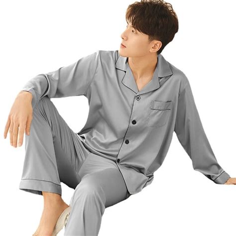 Puimentiua Mens Stain Silk Pajama Sets Pajamas Modern Style Silk Nightgown Home Male Satin Soft