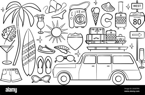 Set Of Doodle Travel Design Elements Hand Drawn Vacation And Travel