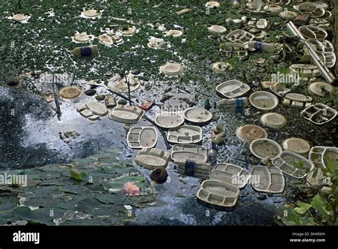 Water Pollution Plastic Plates Waste Garbage Floating In Lake At