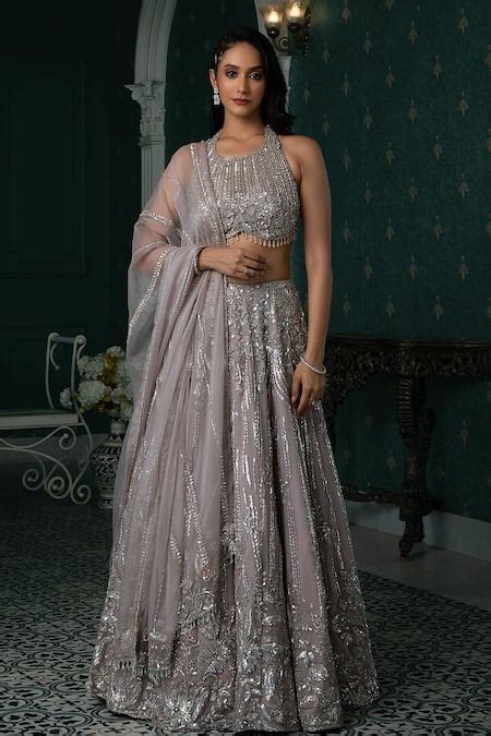 Buy Grey Organza Embroidery Sequin Halter Neck Floral Bridal Lehenga