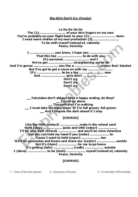 Song Big Girls Dont Cry Fergie Esl Worksheet By Tesea