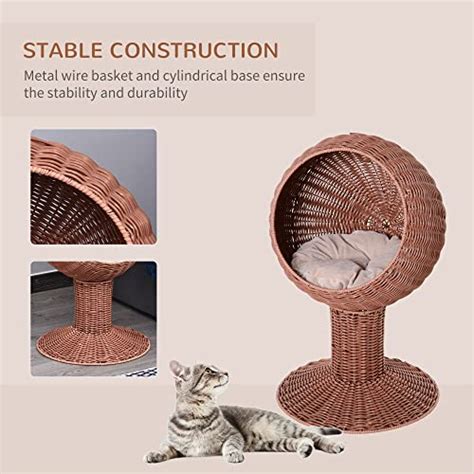 Pawhut 27 Hooded Wicker Elevated Cat Bed Rattan Kitten Condo Round