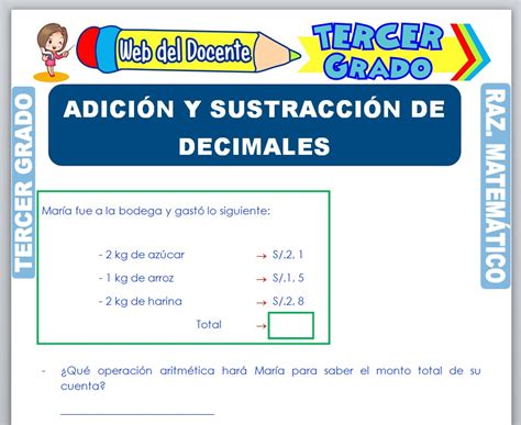 Adición Y Sustracción De Decimales Para Tercer Grado De Primaria