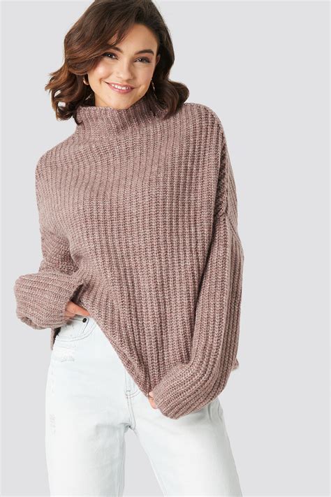 Boxy High Neck Knitted Sweater Pink Na