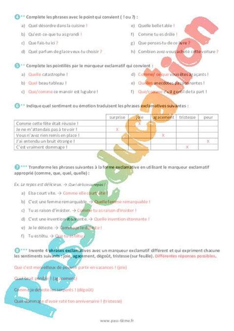 La phrase exclamative Exercices de grammaire pour la 6ème PDF à