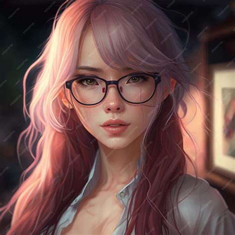 Premium Photo Anime Girl With Glasses And Pink Hair In A Room Generative Ai