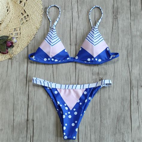 Striped Patchwork Bikini Set Sexy Push Up Swimwear Women Bikini Low