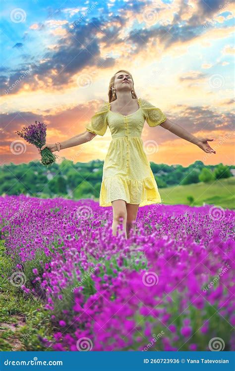 Beautiful Woman In Lavender Field Selective Focus Stock Photo Image